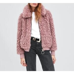 Zara TRF Sz S Faux Shearling Bomber Jacket in Mauve Fuzzy Zip-up Boho Warm